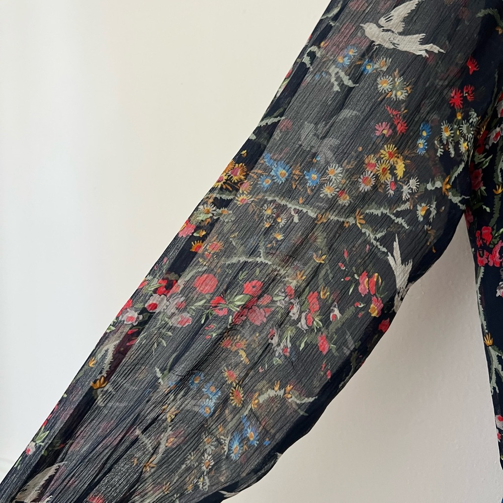 The Kooples Avian & Floral Print Silk Shift Swing Long Sleeve Dress - 2 / M - Picture 10 of 11
